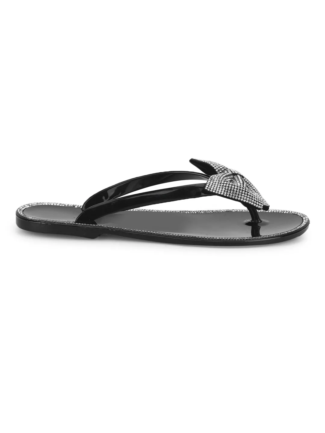 Black PVC Diamante Bow Slip On Flats