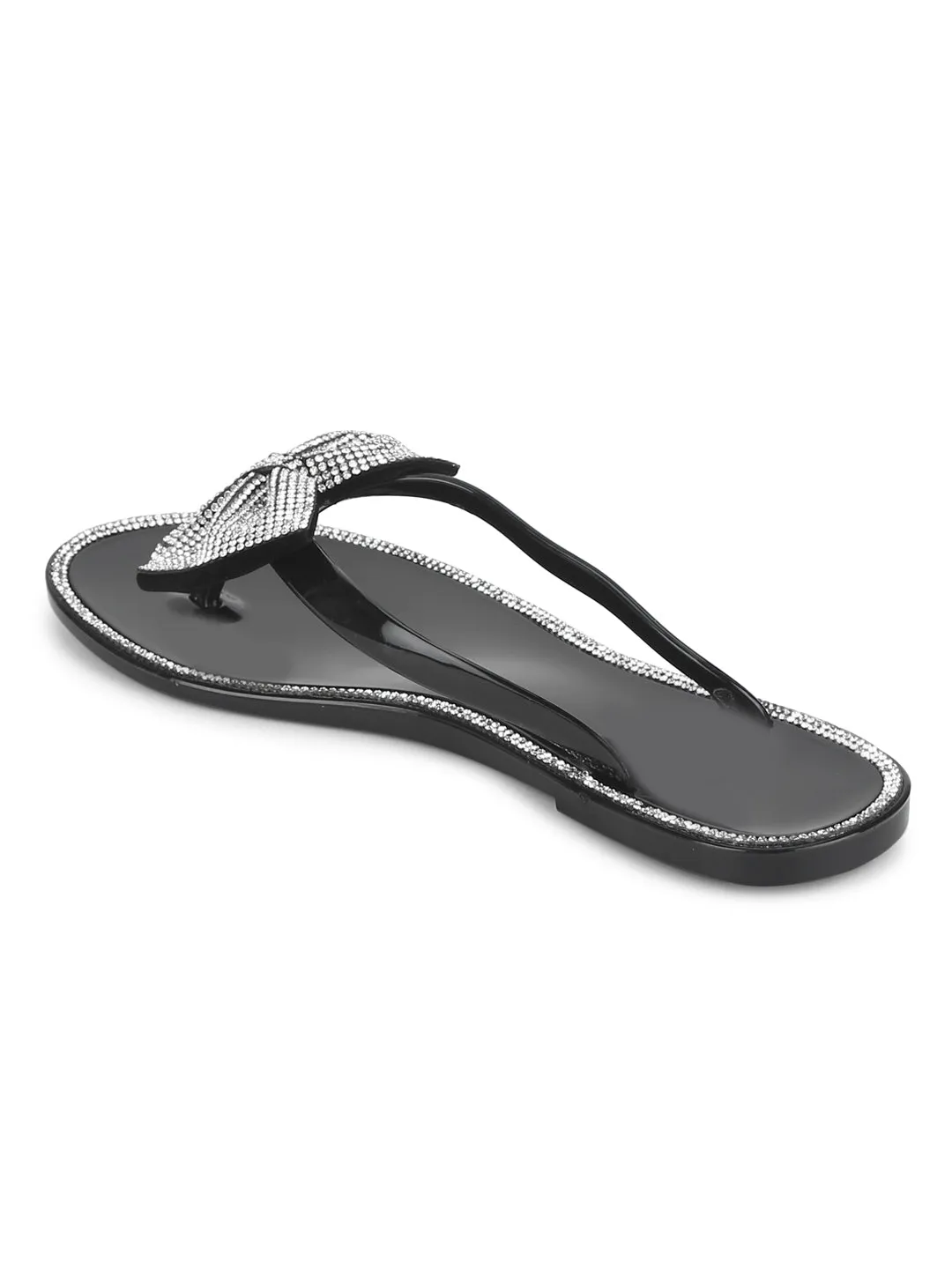 Black PVC Diamante Bow Slip On Flats