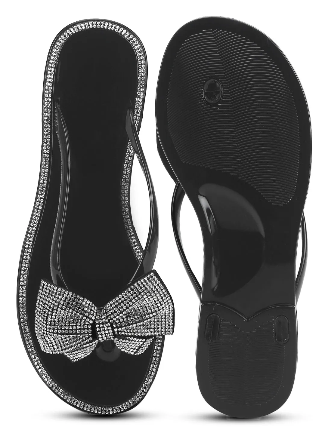 Black PVC Diamante Bow Slip On Flats
