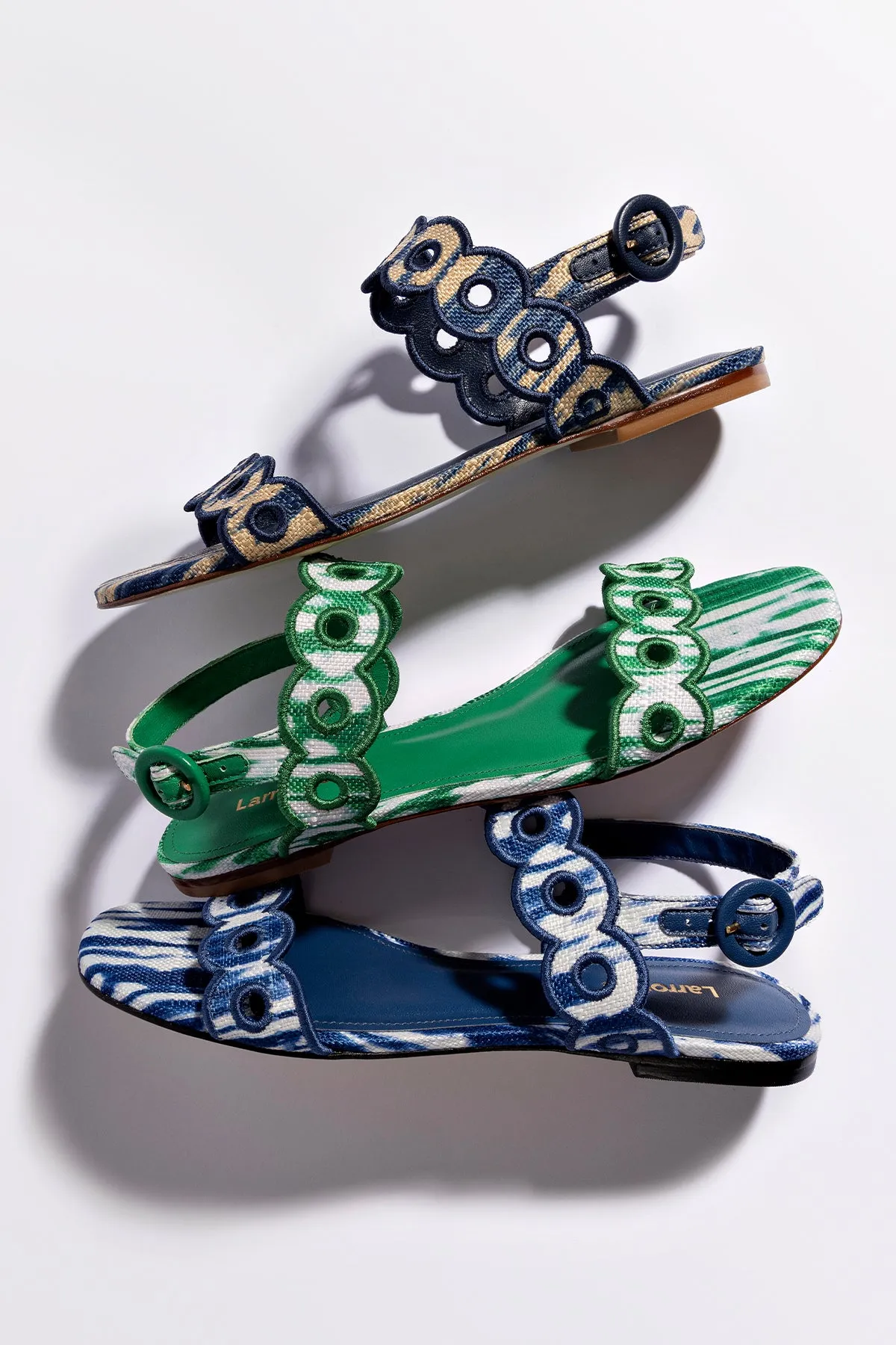 Florence Broderie Flat Sandal In Tie Dye Blue Raffia