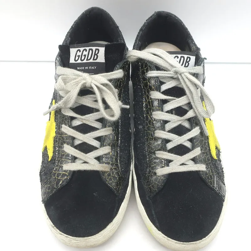 Golden Goose Superstar Glitter Sneakers Black Croc-Print Patent Leather Size 38