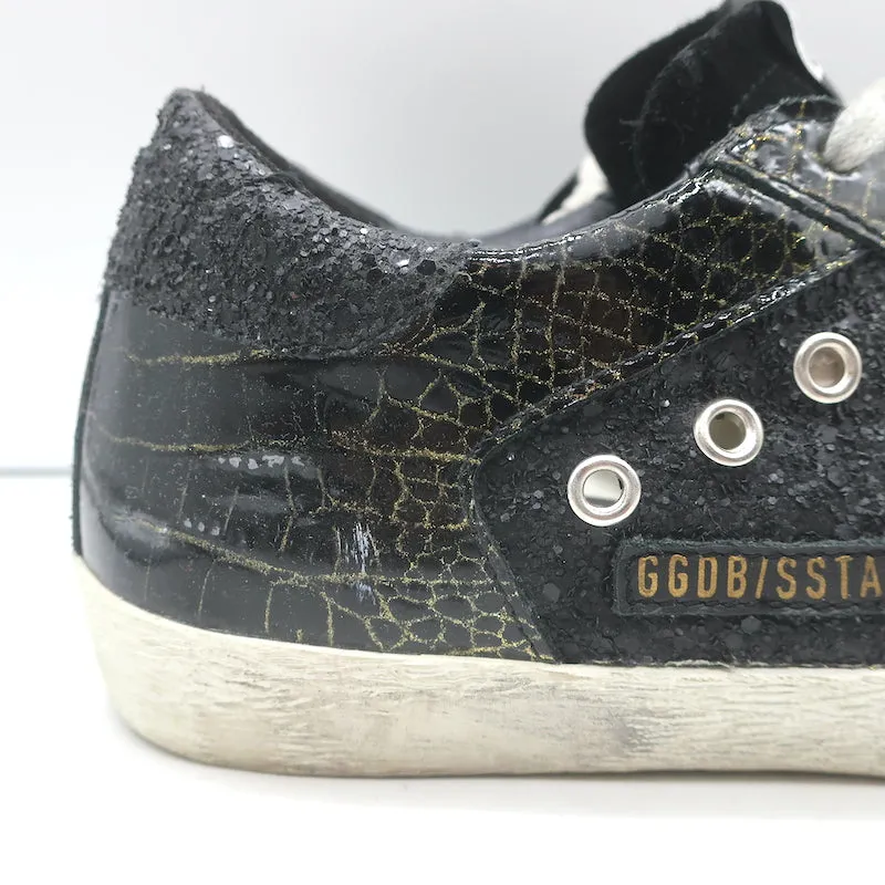 Golden Goose Superstar Glitter Sneakers Black Croc-Print Patent Leather Size 38