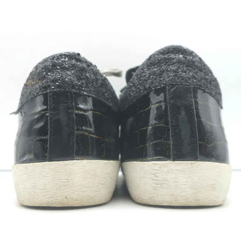 Golden Goose Superstar Glitter Sneakers Black Croc-Print Patent Leather Size 38