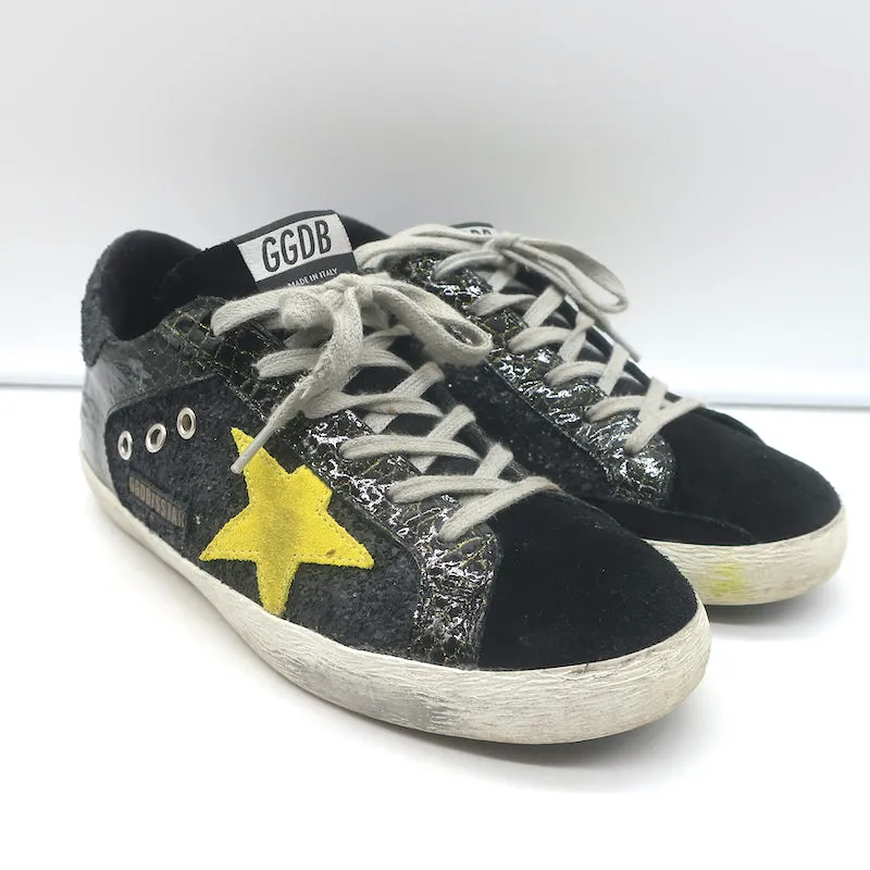Golden Goose Superstar Glitter Sneakers Black Croc-Print Patent Leather Size 38