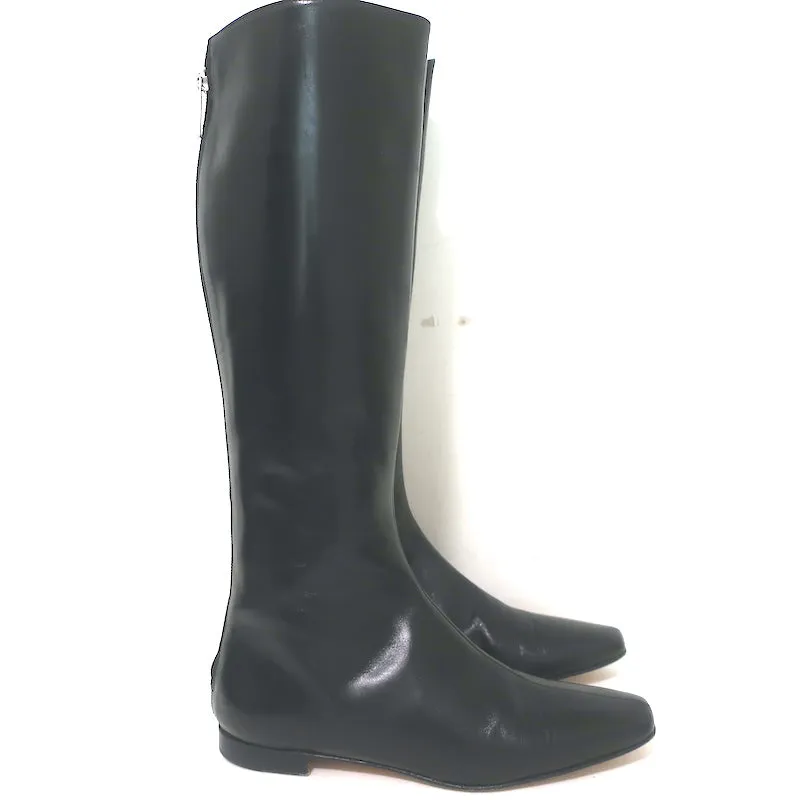 Manolo Blahnik Knee High Flat Boots Black Leather Size 37