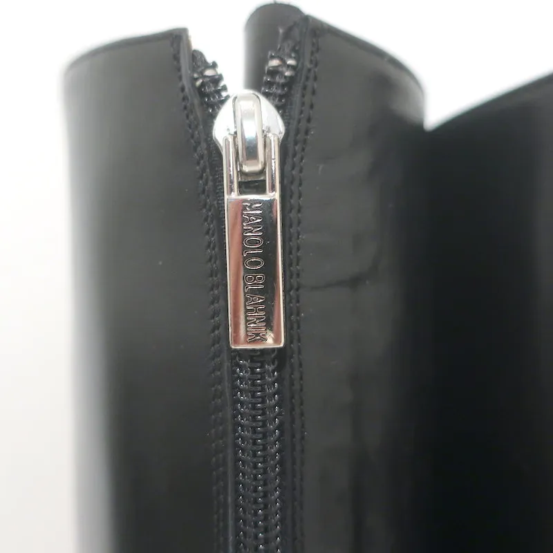 Manolo Blahnik Knee High Flat Boots Black Leather Size 37