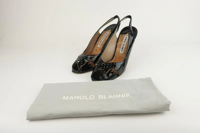 Manolo Blahnik Slingback Sandals Black Perforated Patent Size 38.5 Peep Toe Pump