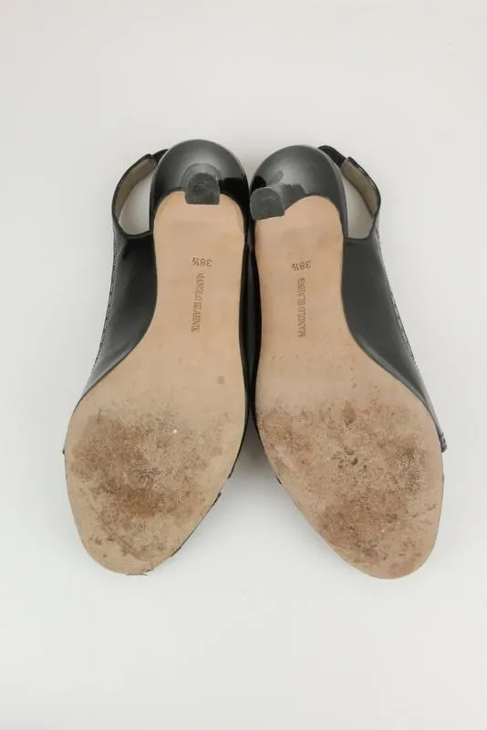 Manolo Blahnik Slingback Sandals Black Perforated Patent Size 38.5 Peep Toe Pump