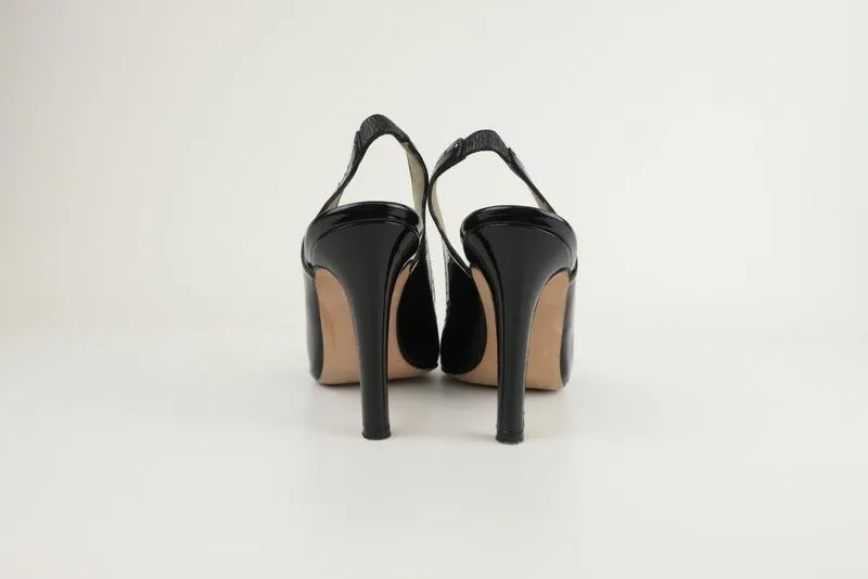Manolo Blahnik Slingback Sandals Black Perforated Patent Size 38.5 Peep Toe Pump