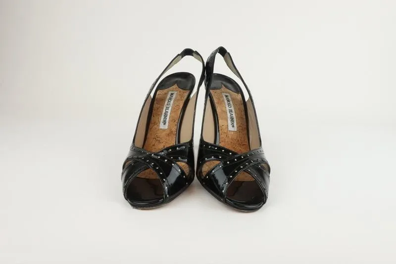 Manolo Blahnik Slingback Sandals Black Perforated Patent Size 38.5 Peep Toe Pump