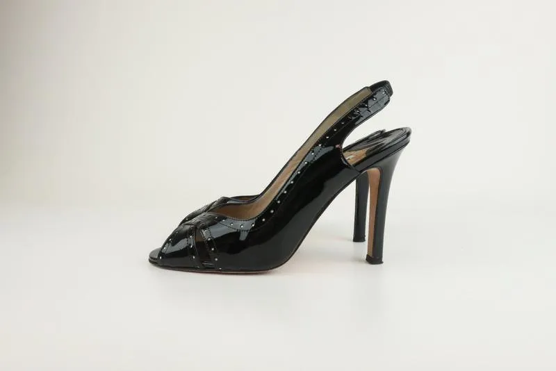 Manolo Blahnik Slingback Sandals Black Perforated Patent Size 38.5 Peep Toe Pump