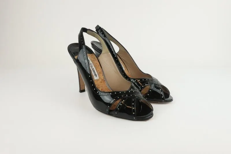 Manolo Blahnik Slingback Sandals Black Perforated Patent Size 38.5 Peep Toe Pump