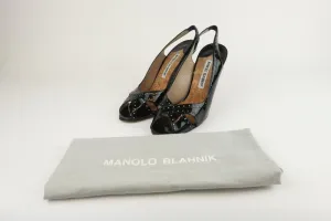 Manolo Blahnik Slingback Sandals Black Perforated Patent Size 38.5 Peep Toe Pump