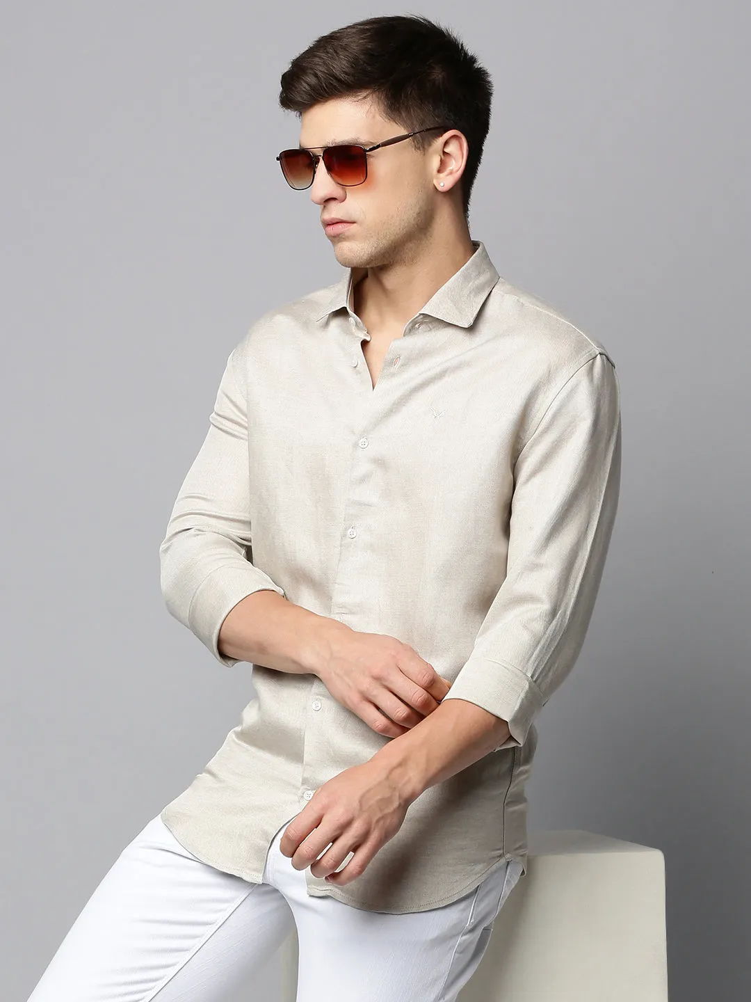 Men Beige Spread Collar Comfort Cotton Casual Shirt