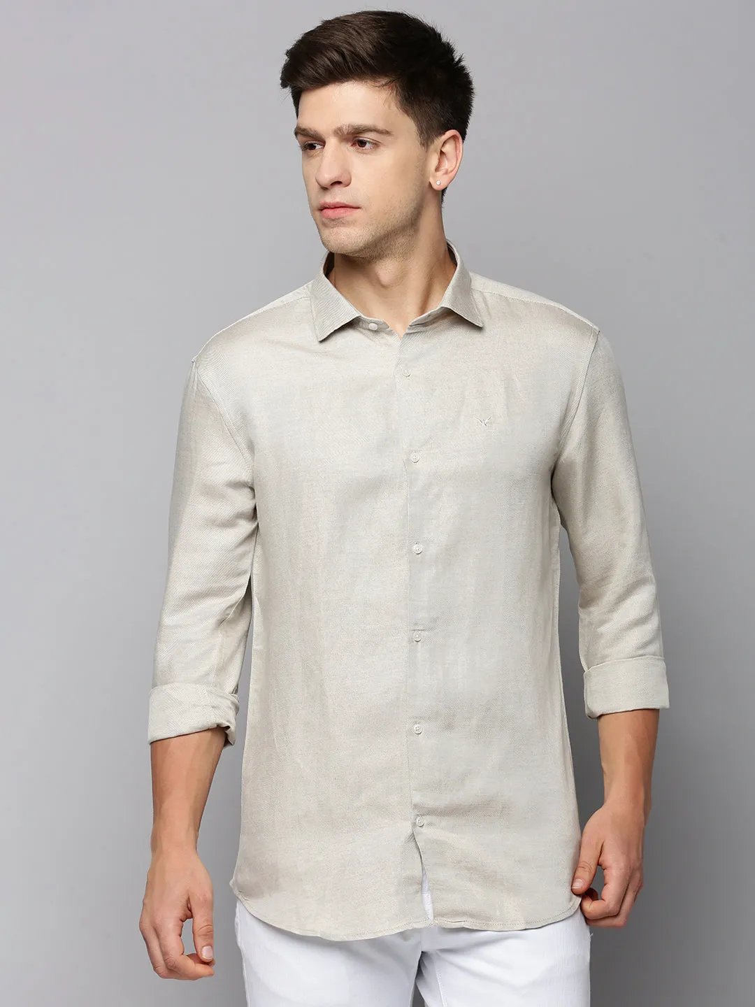 Men Beige Spread Collar Comfort Cotton Casual Shirt