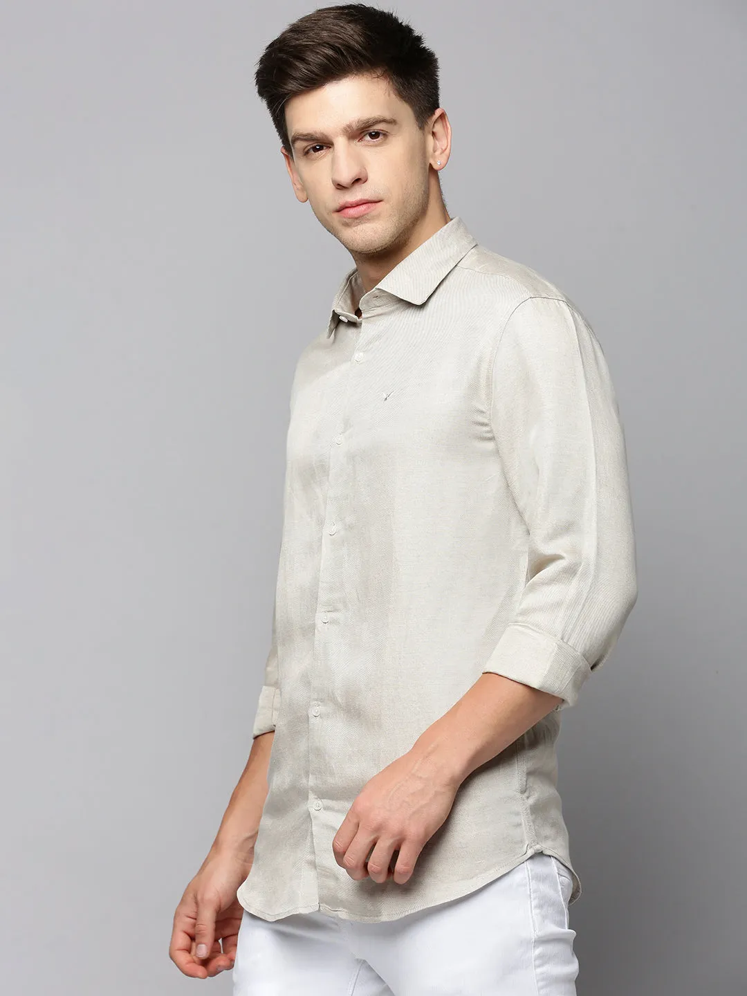 Men Beige Spread Collar Comfort Cotton Casual Shirt