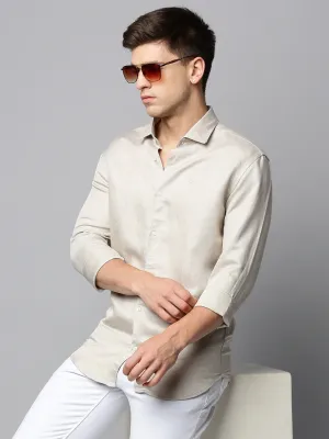 Men Beige Spread Collar Comfort Cotton Casual Shirt