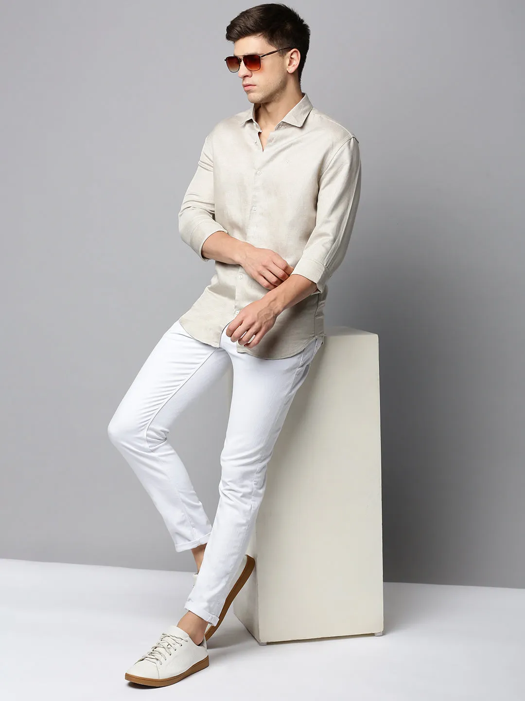 Men Beige Spread Collar Comfort Cotton Casual Shirt