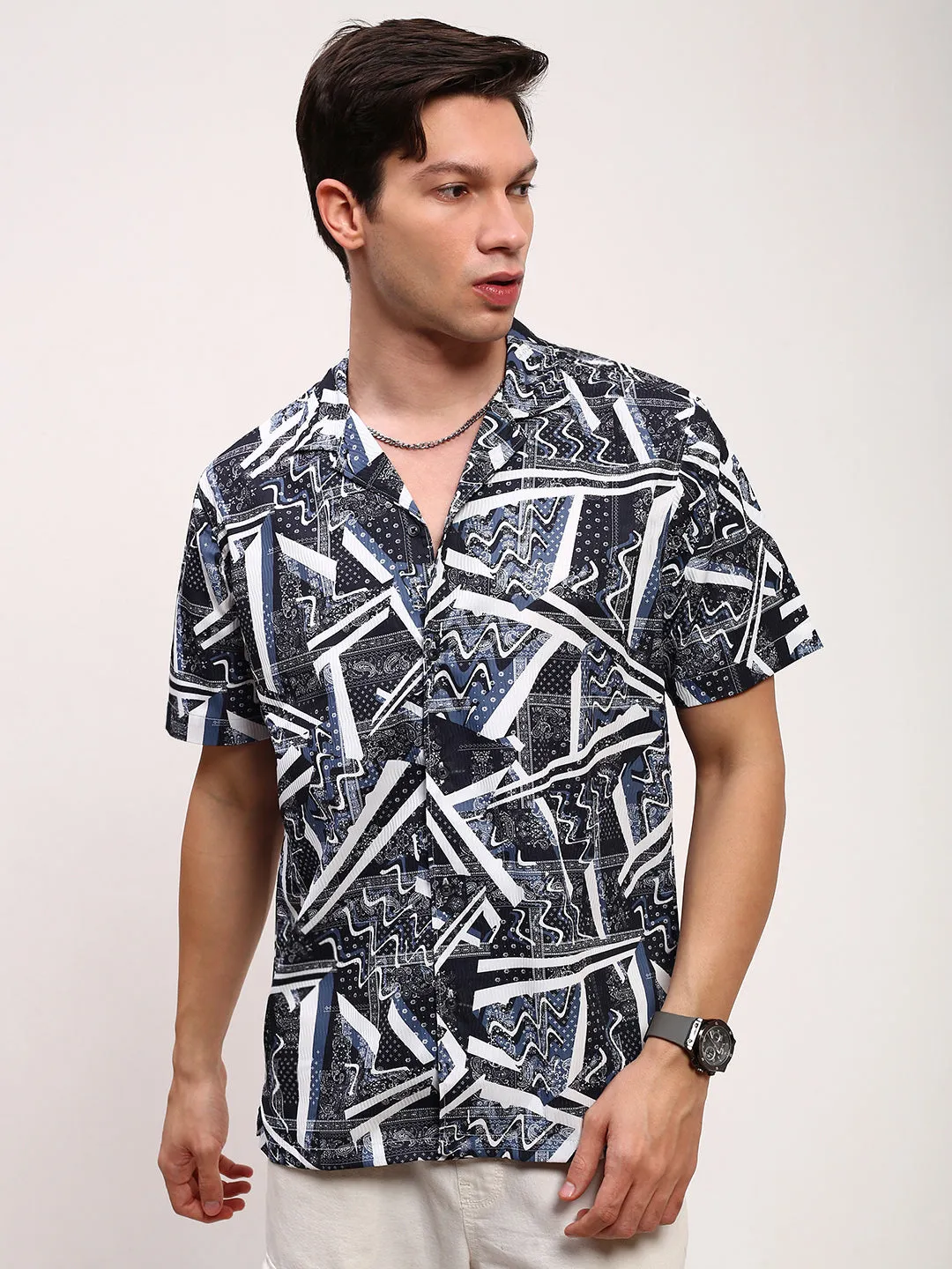 Men Black Floral Cuban Collar Shirt