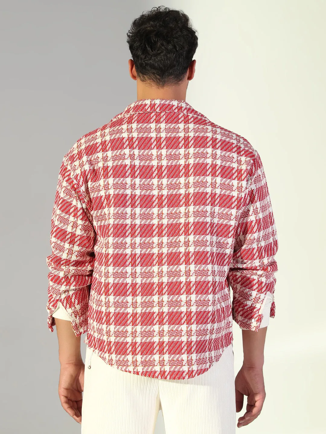 Men Checked Red Oversized Shacket