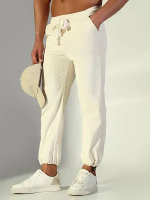 Men Cream Solid Straight Fit Trousers