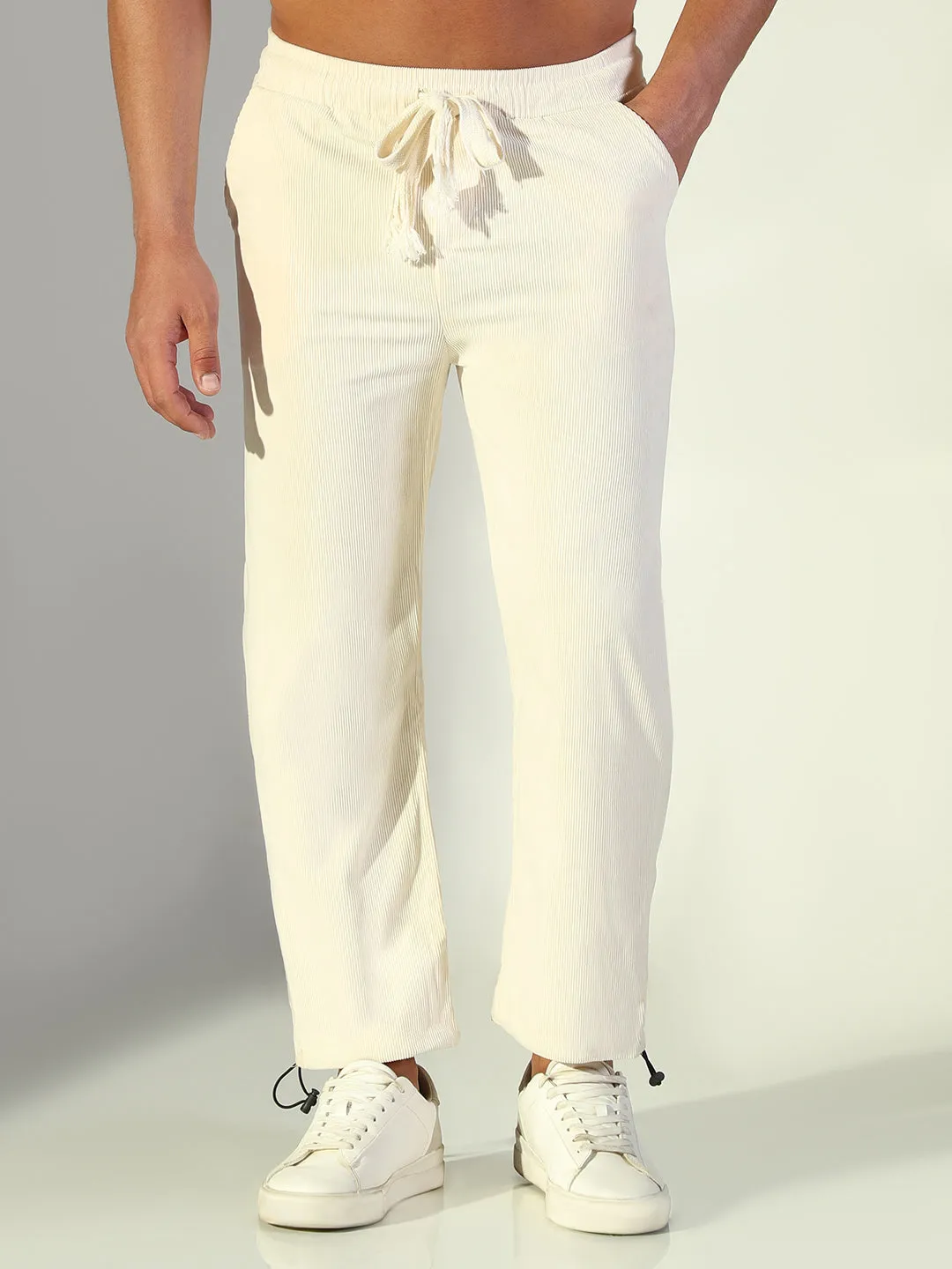 Men Cream Solid Straight Fit Trousers