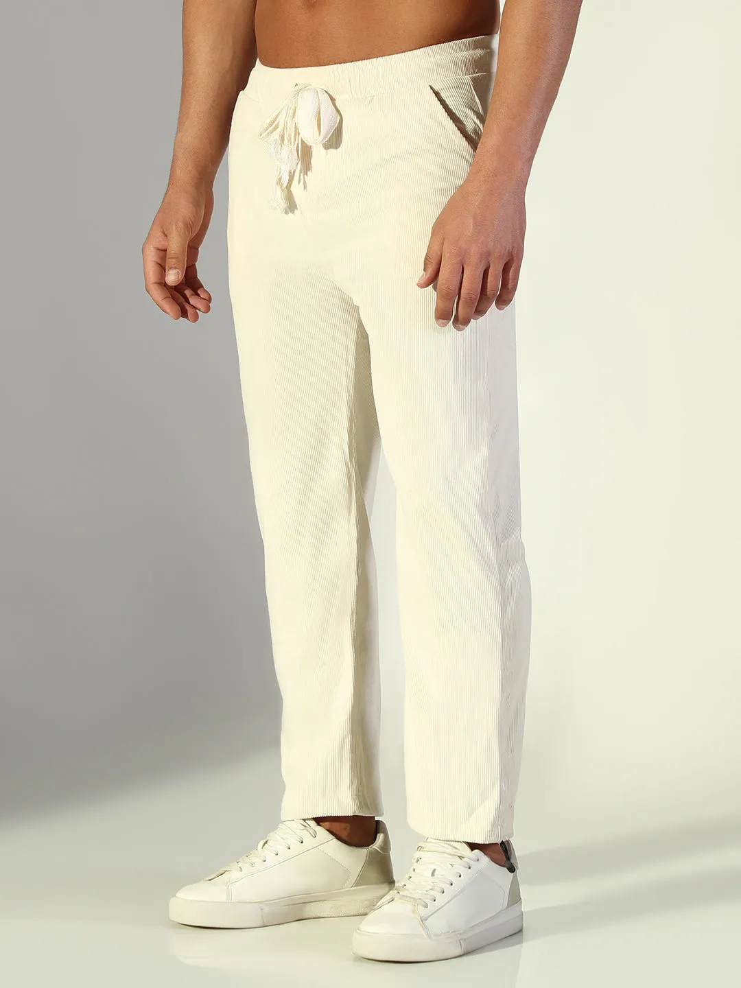 Men Cream Solid Straight Fit Trousers