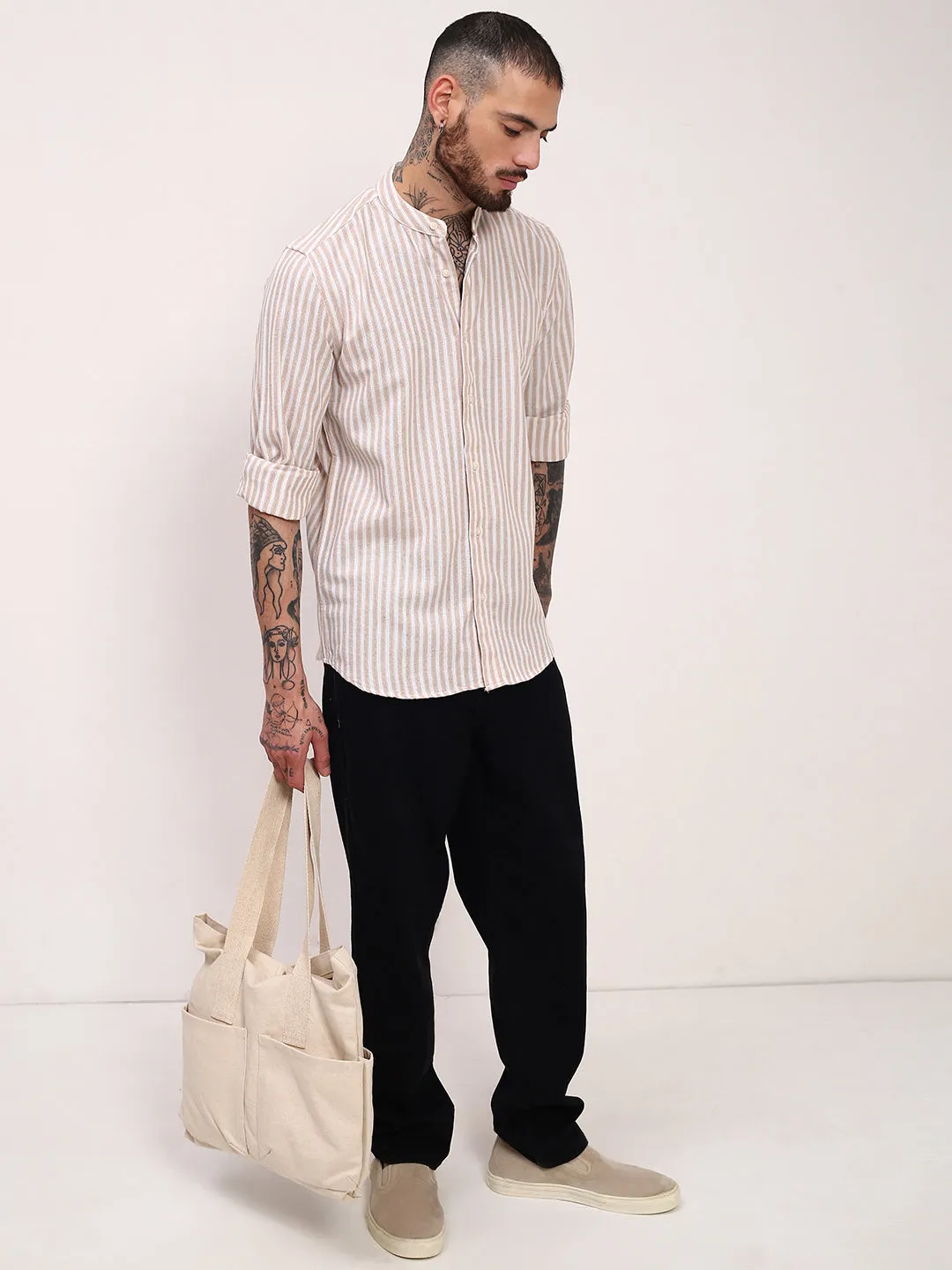 Men Cream Striped Slim Fit Shirt