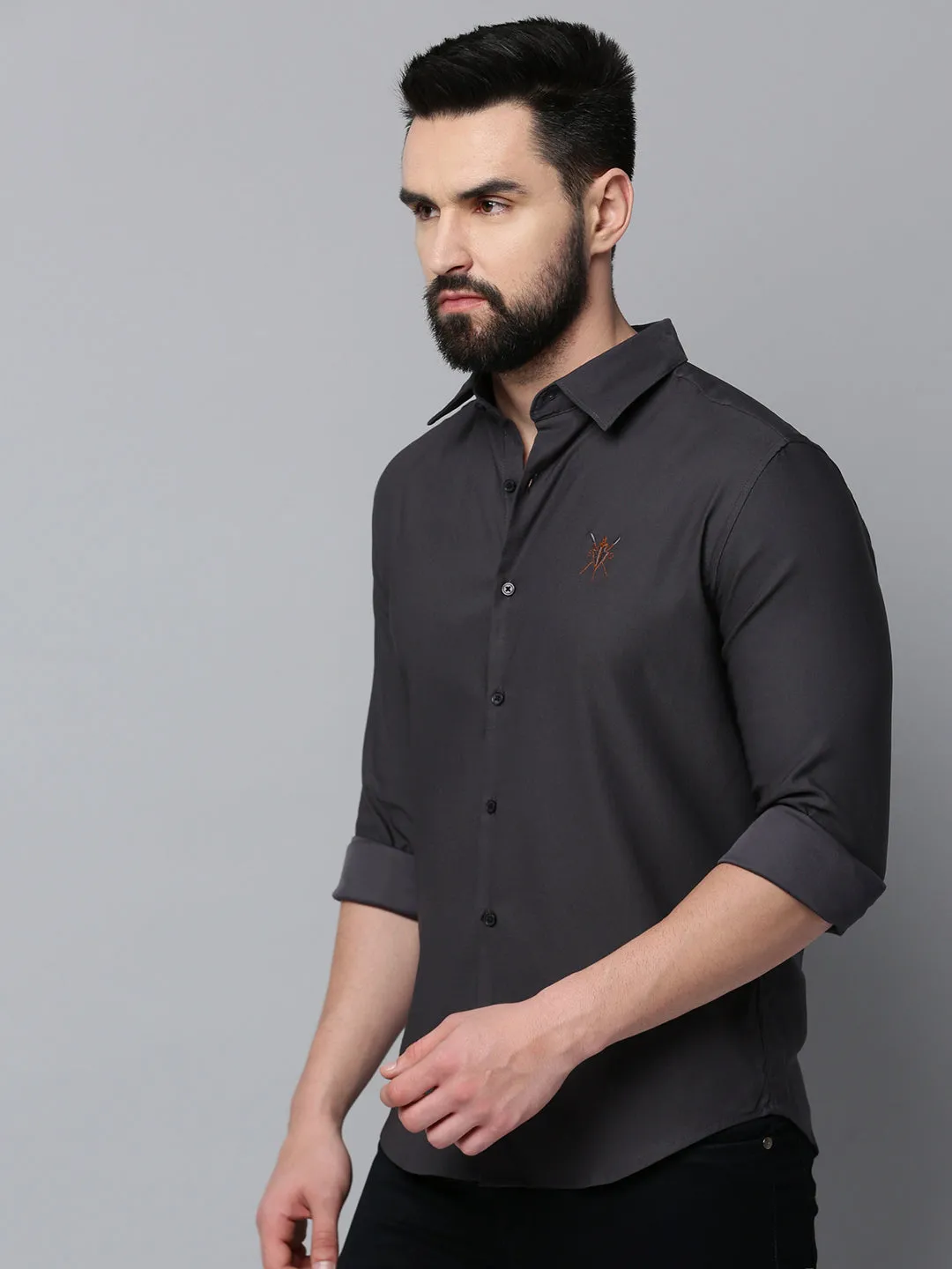Men Grey Comfort Spread Collar Cotton Casual Shirt