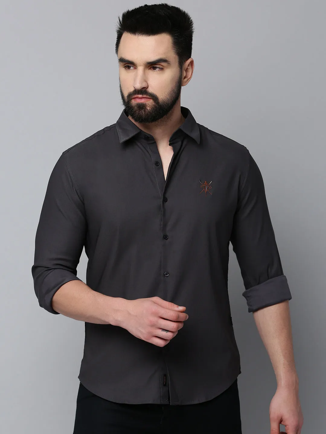 Men Grey Comfort Spread Collar Cotton Casual Shirt