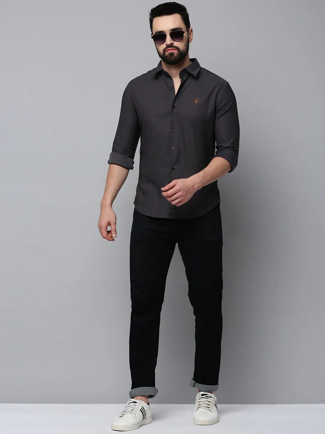 Men Grey Comfort Spread Collar Cotton Casual Shirt