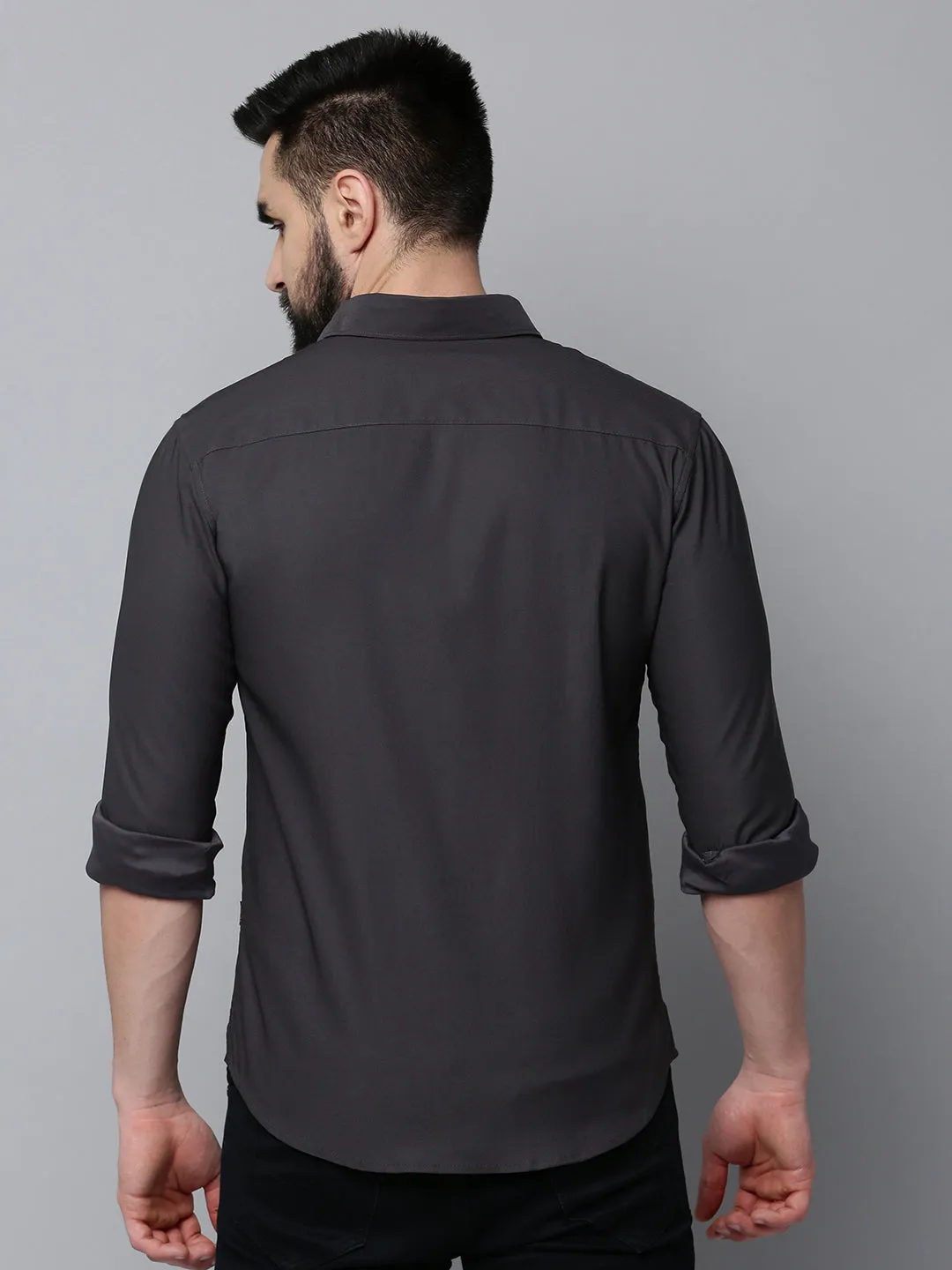 Men Grey Comfort Spread Collar Cotton Casual Shirt