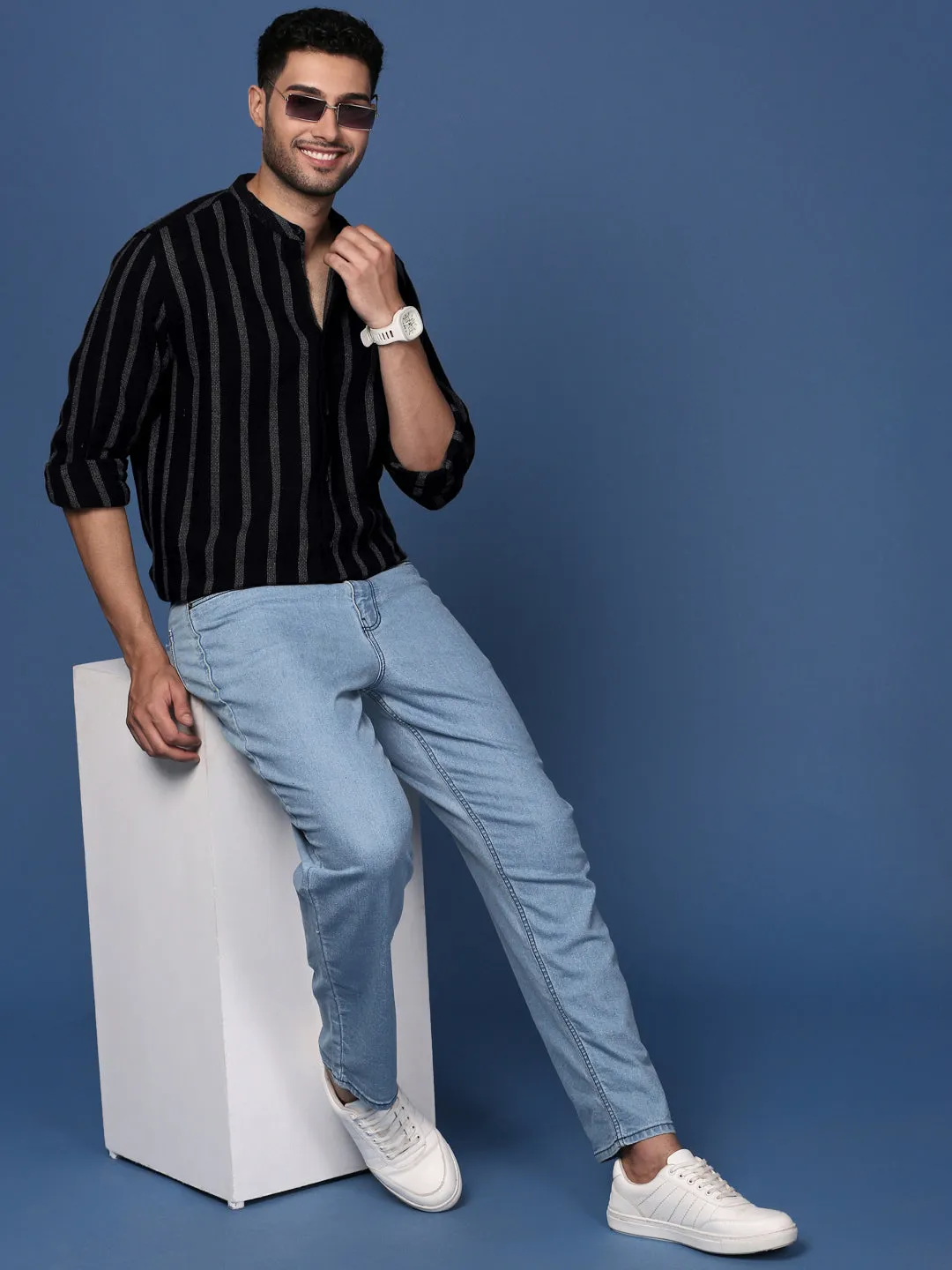 Men Mandarin Collar Striped Black Slim Fit Shirt