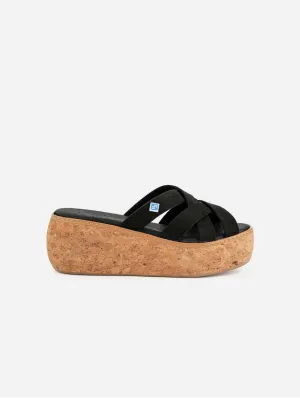My Strips Vegan Suede & Cork Wedge Sandals | Black