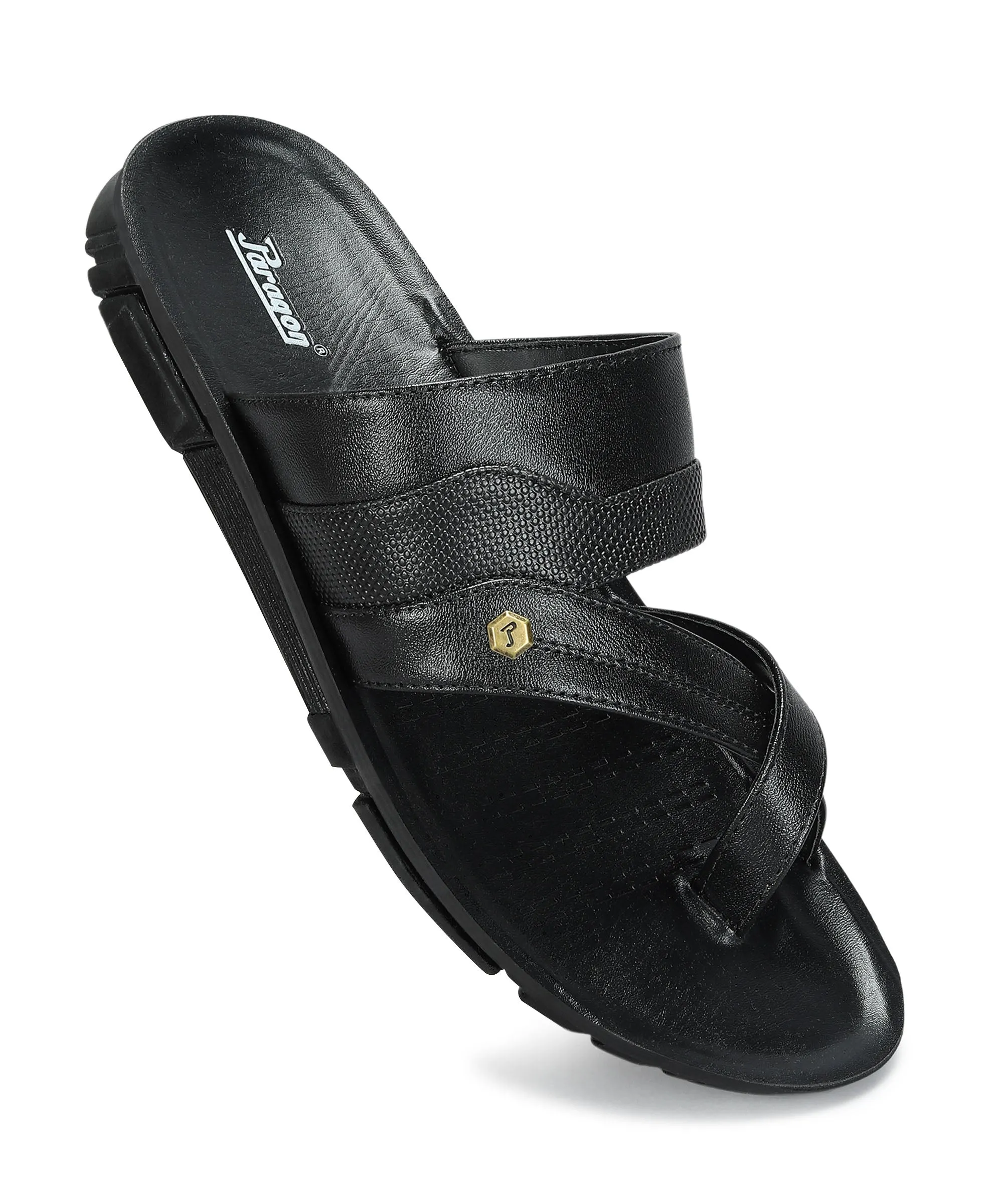 Paragon Men's Slip-on Black Sandals for Men | Comfortable Sole & Durable