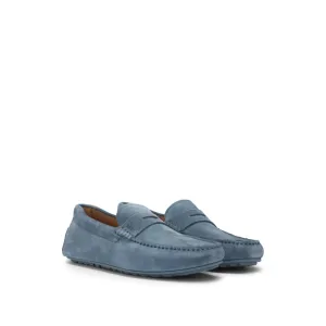 Portuguese-crafted moccasin loafers in suede with penny trim
