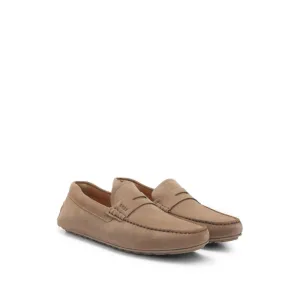 Portuguese-crafted moccasin loafers in suede with penny trim