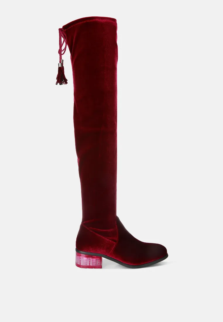 rumple velvet over the knee clear heel boots