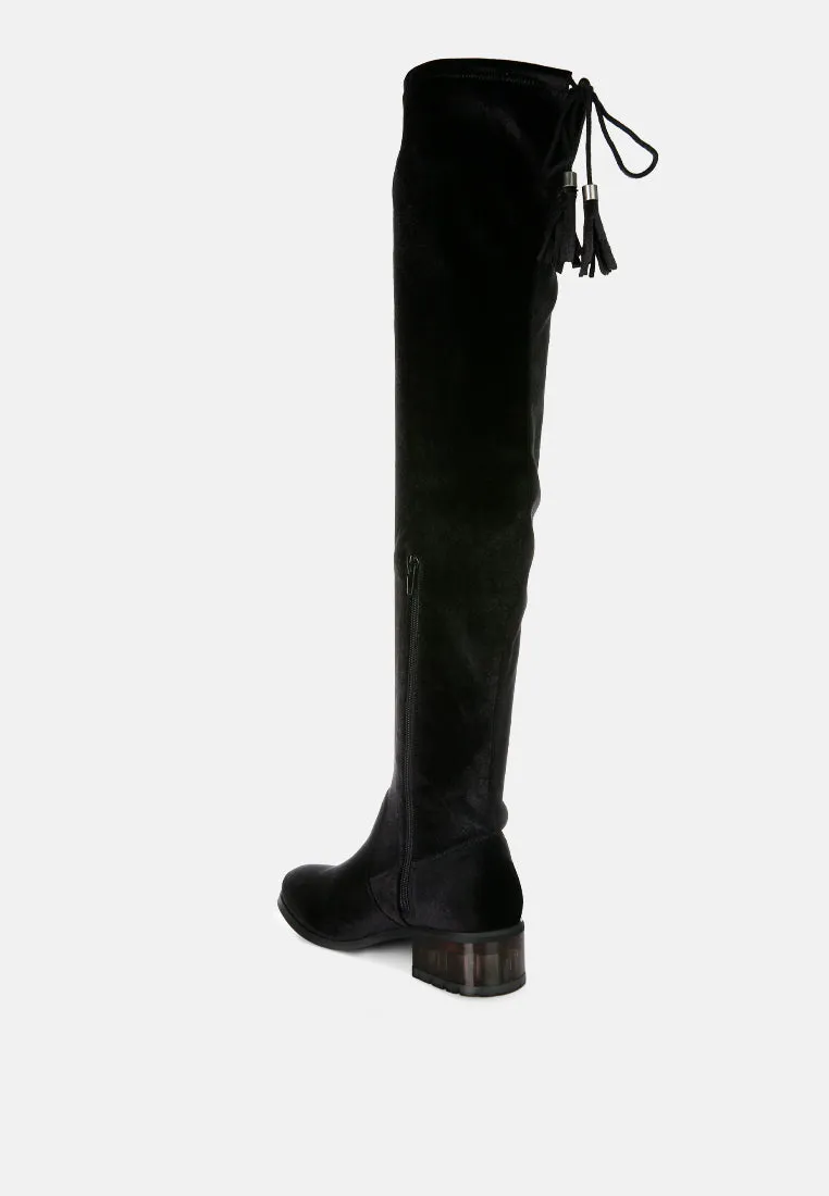 rumple velvet over the knee clear heel boots