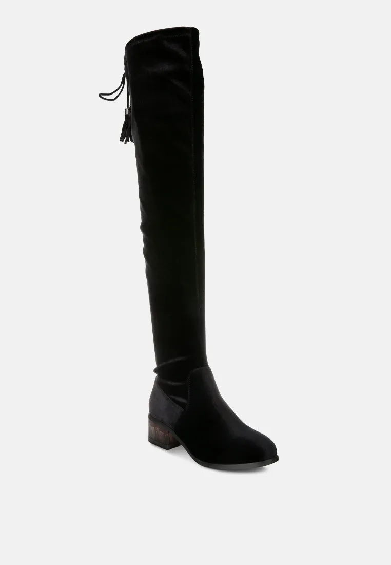 rumple velvet over the knee clear heel boots