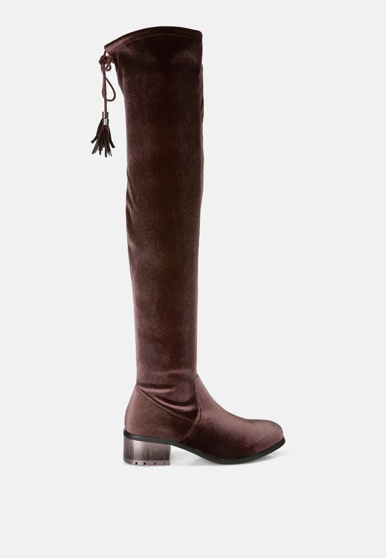 rumple velvet over the knee clear heel boots