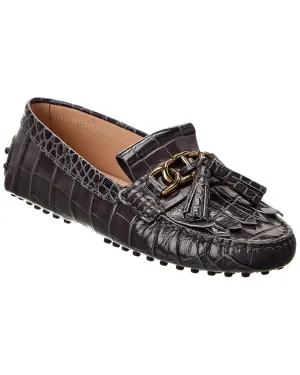TOD��s Gommini Croc-Embossed Leather Loafer