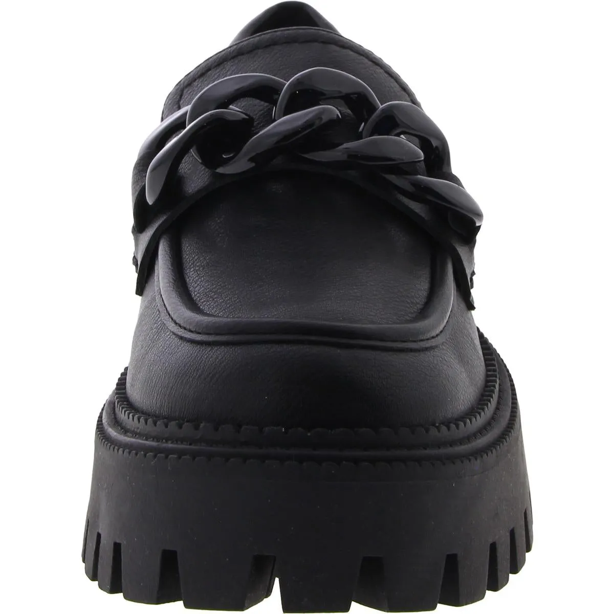 Womens Faux Leather Block Heel Loafers